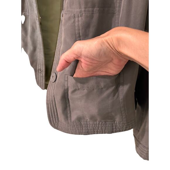 Reversible Bomber Jacket 100% Silk Magnetic Snap, Herbal Green Gray, 10 - Picture 9 of 13
